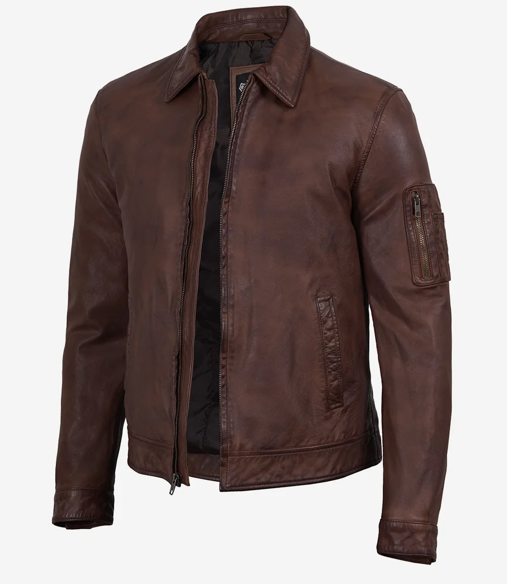 Men's Washed Cognac Waxed Leather Harrington Jacket - Washed Cognac