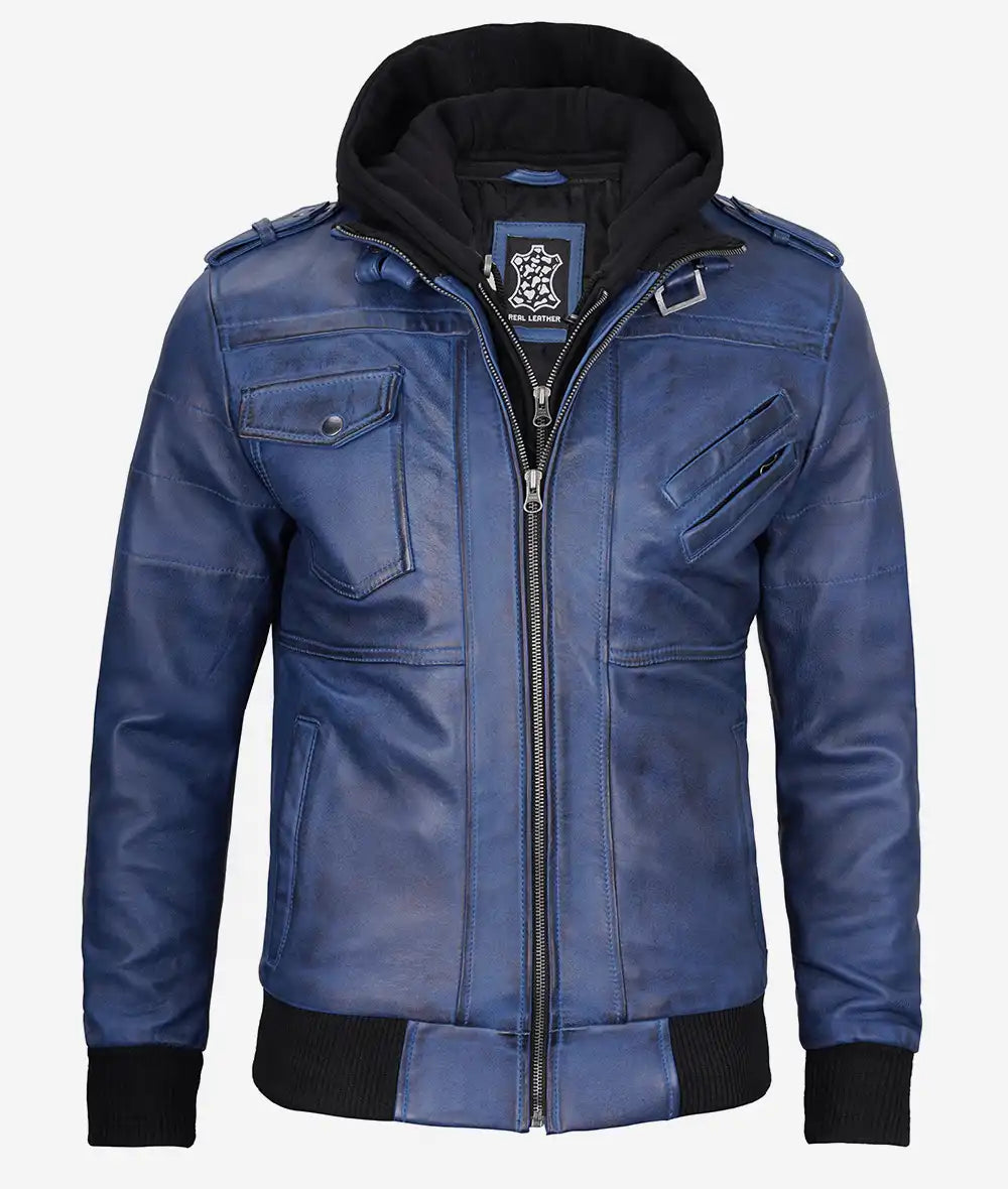 Mens Blue Waxed Bomber Leather Jacket With Hood