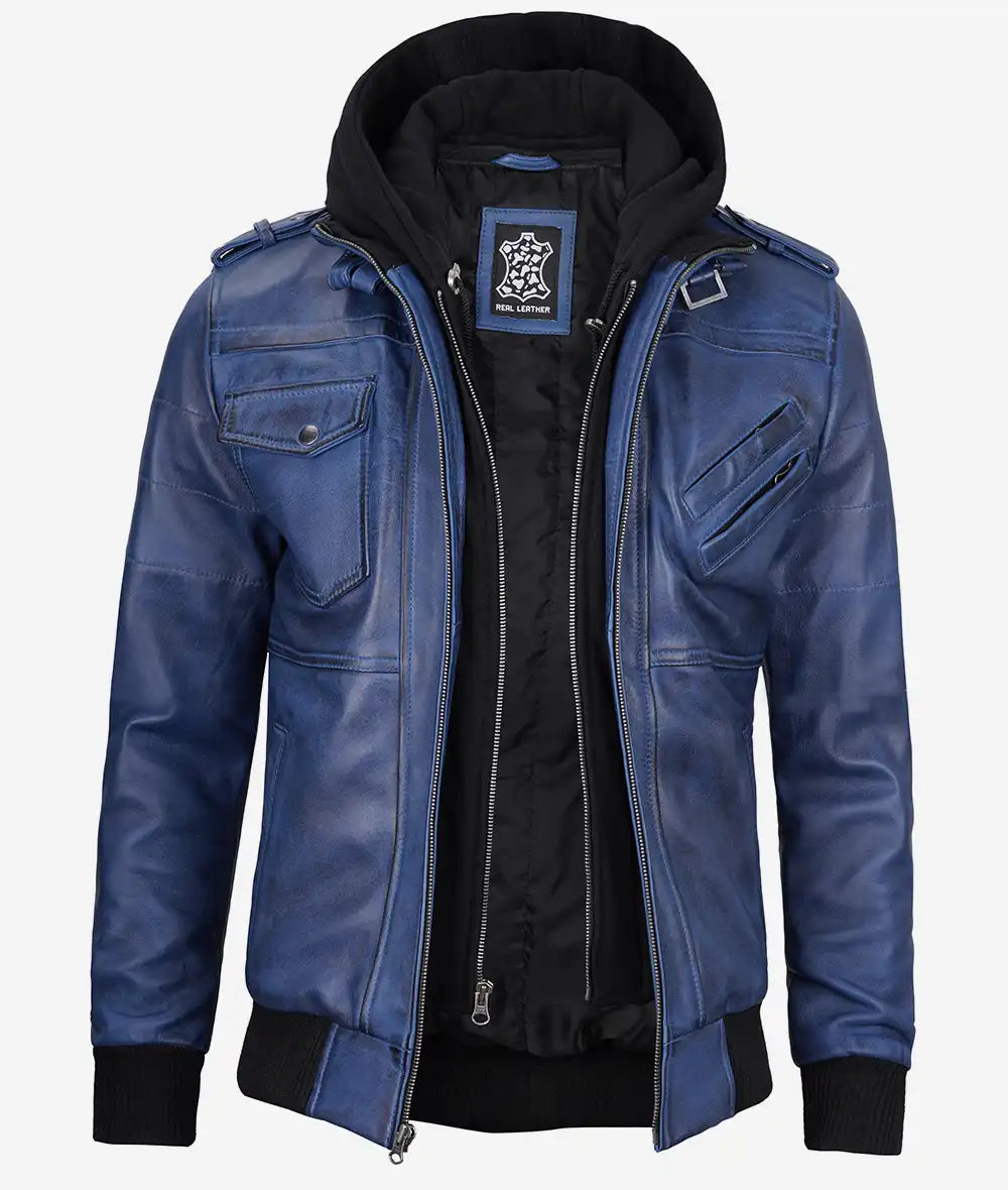 Mens Blue Waxed Bomber Leather Jacket With Hood