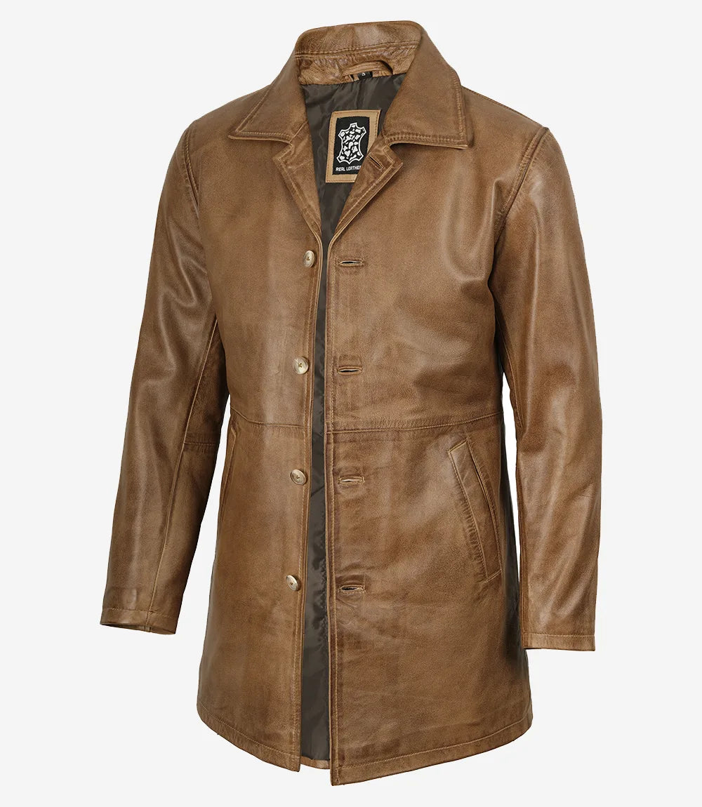 Men's Camel Brown 3/4 Length Leather Coat