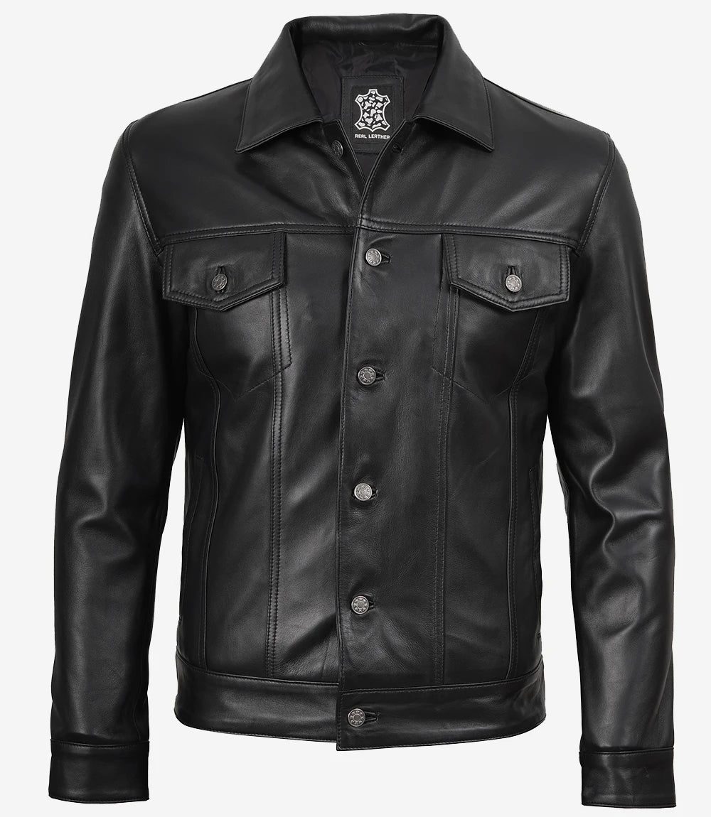 Mens Four Pockets Black Leather Trucker Jacket