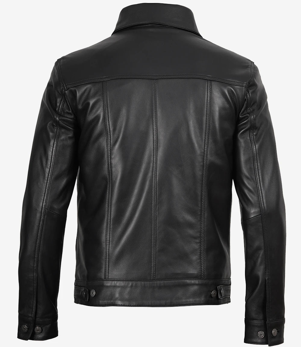 Mens Four Pockets Black Leather Trucker Jacket