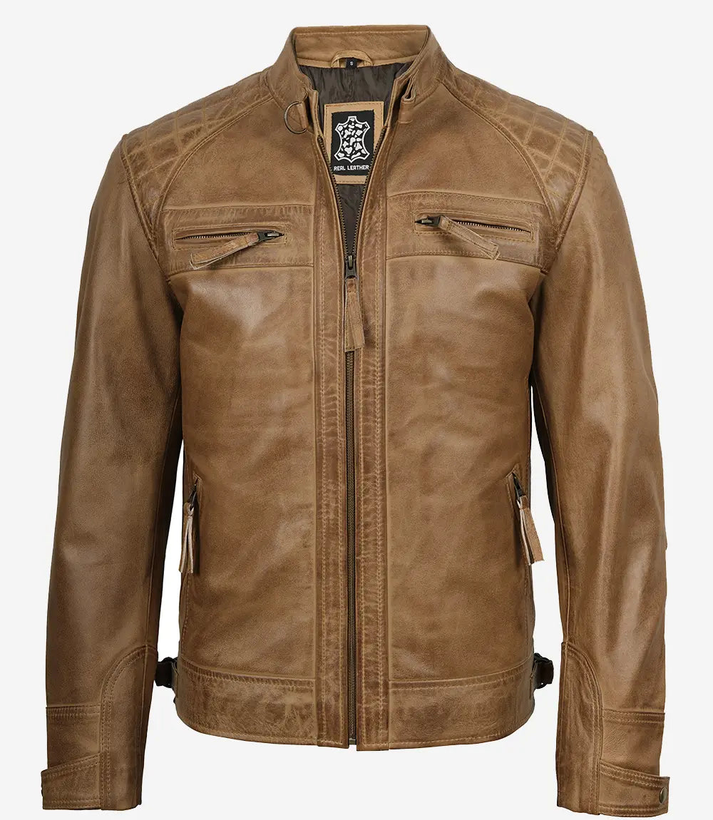 Men's Quilted Shoulder Camel Brown Biker Style Leather Jacket
