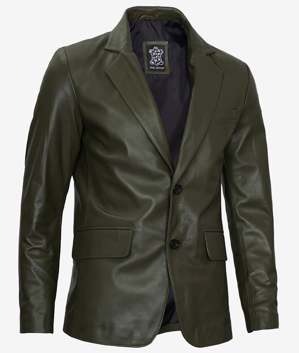 Mens Two Button Green Leather Blazer