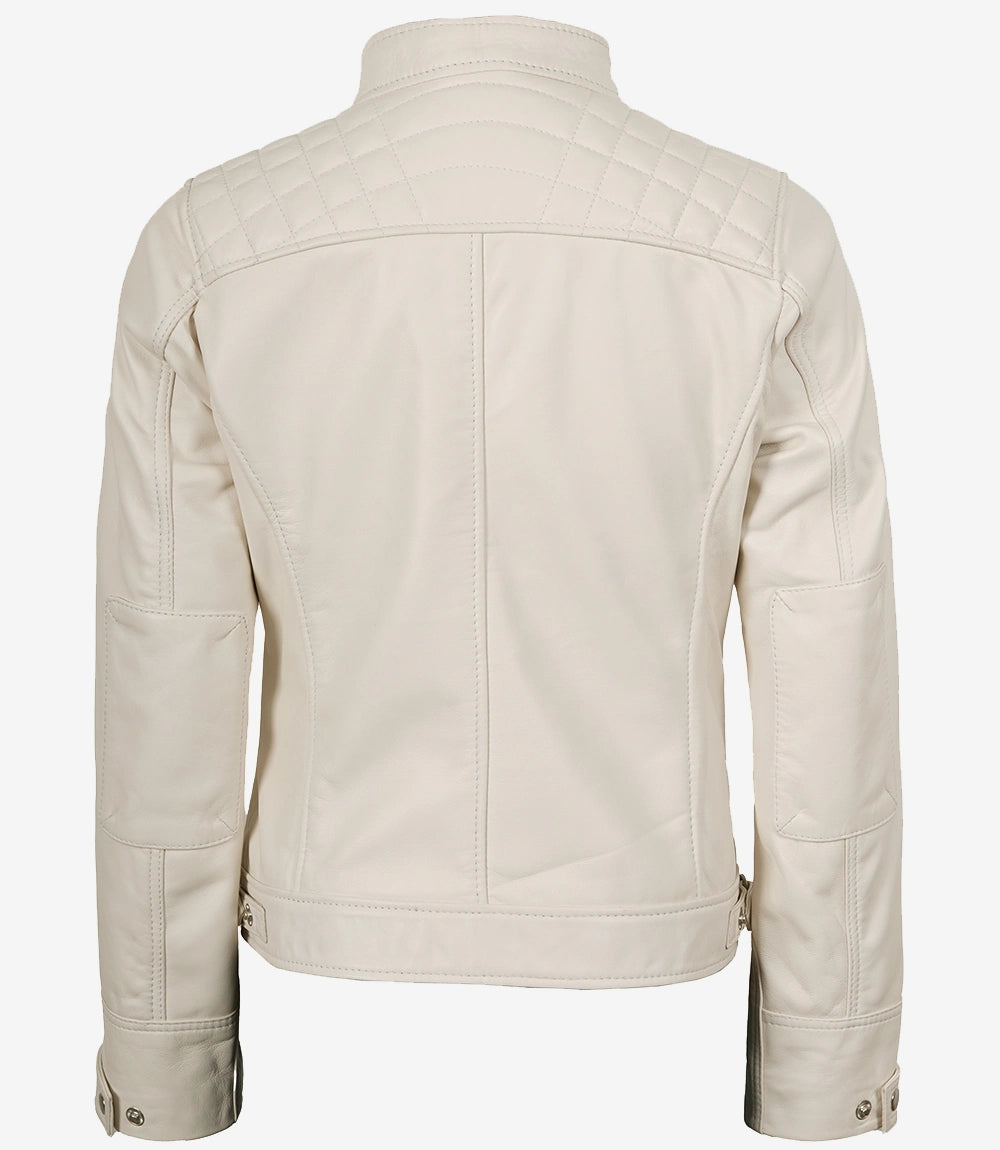 Womens Real Lambskin Leather Off White Quilted Biker Style Jacket