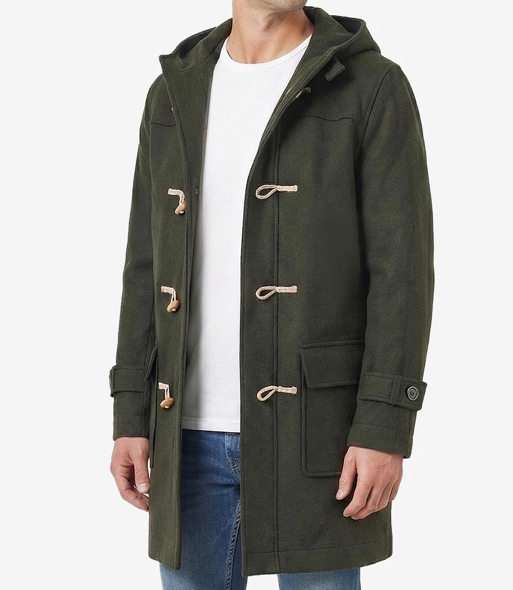 Mens Olive Green Hooded Duffle Wool Coat