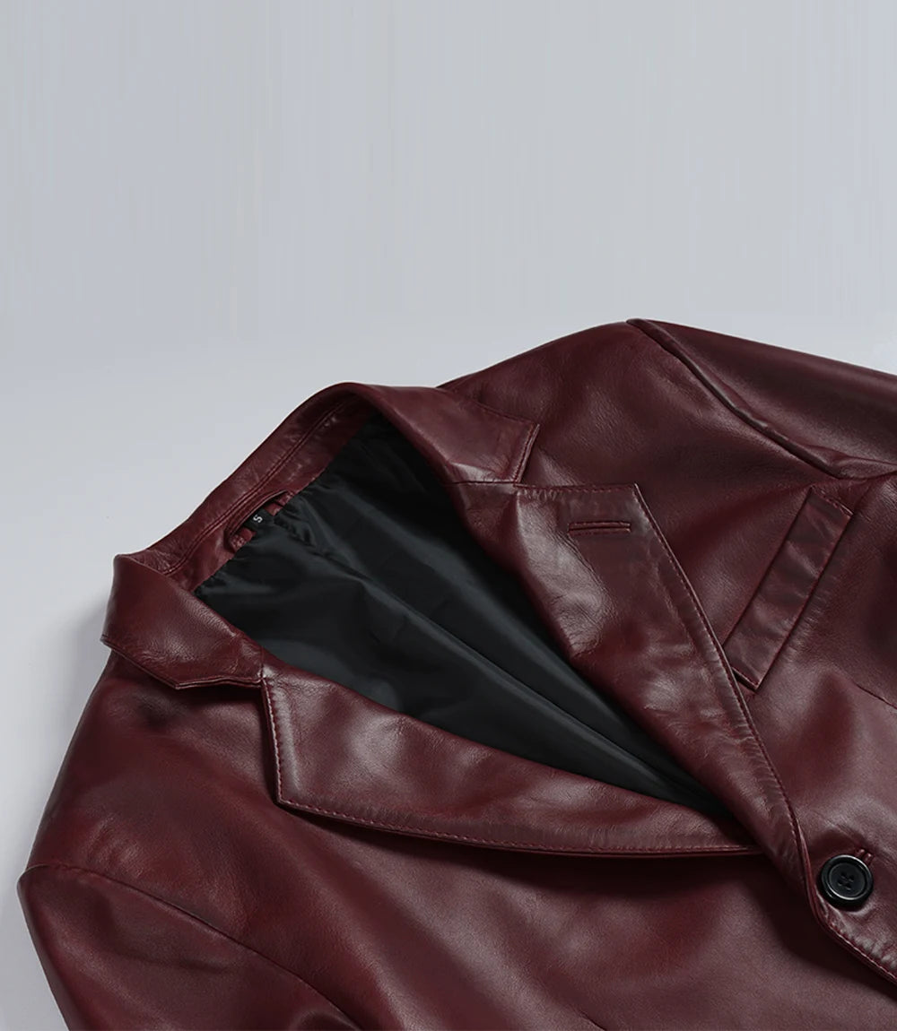 Eliseo Men's Burgundy Lambskin Leather Blazer - Three Button Style