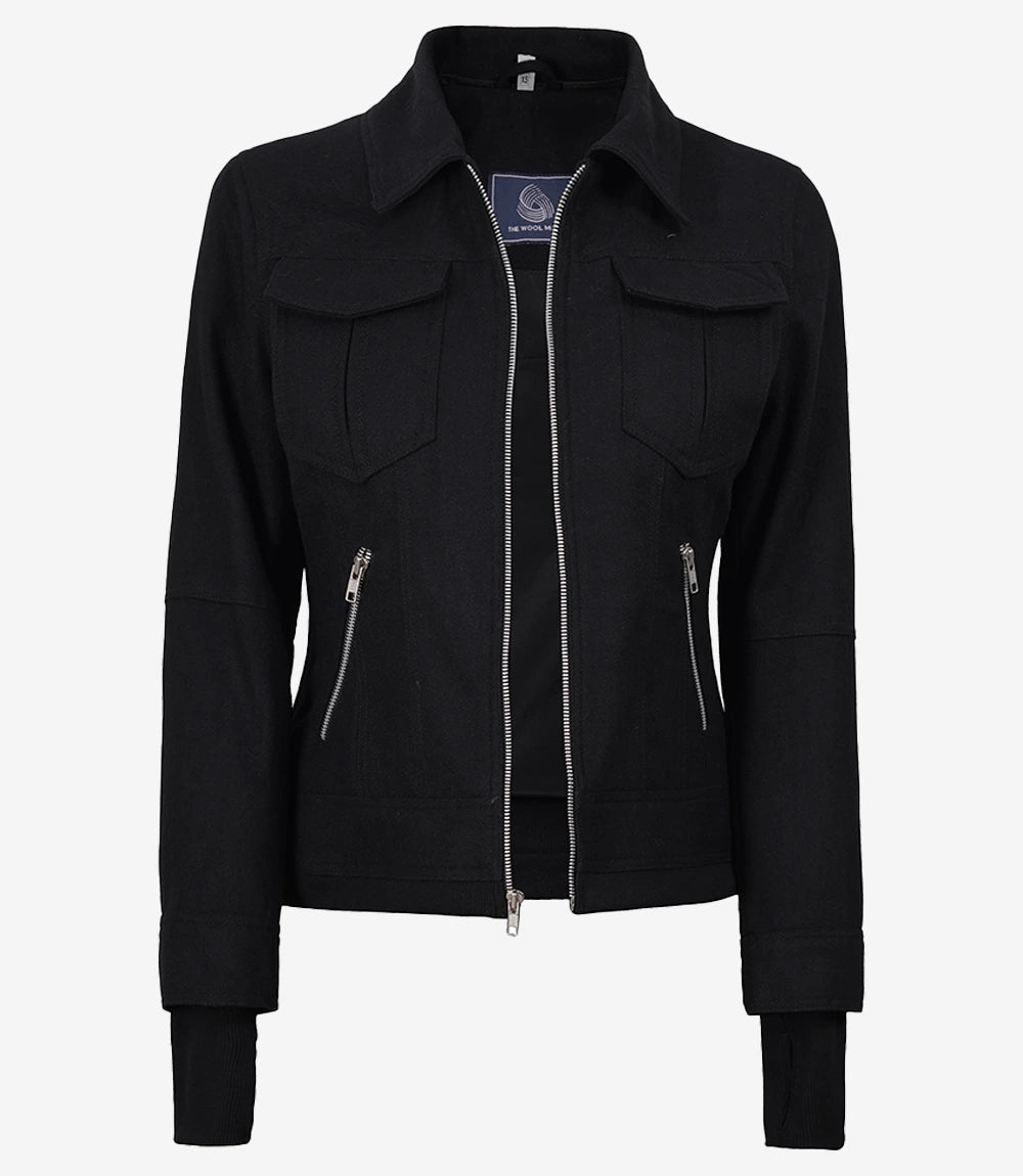 Women's Black Wool Jacket – Removable Hood with Zip Front