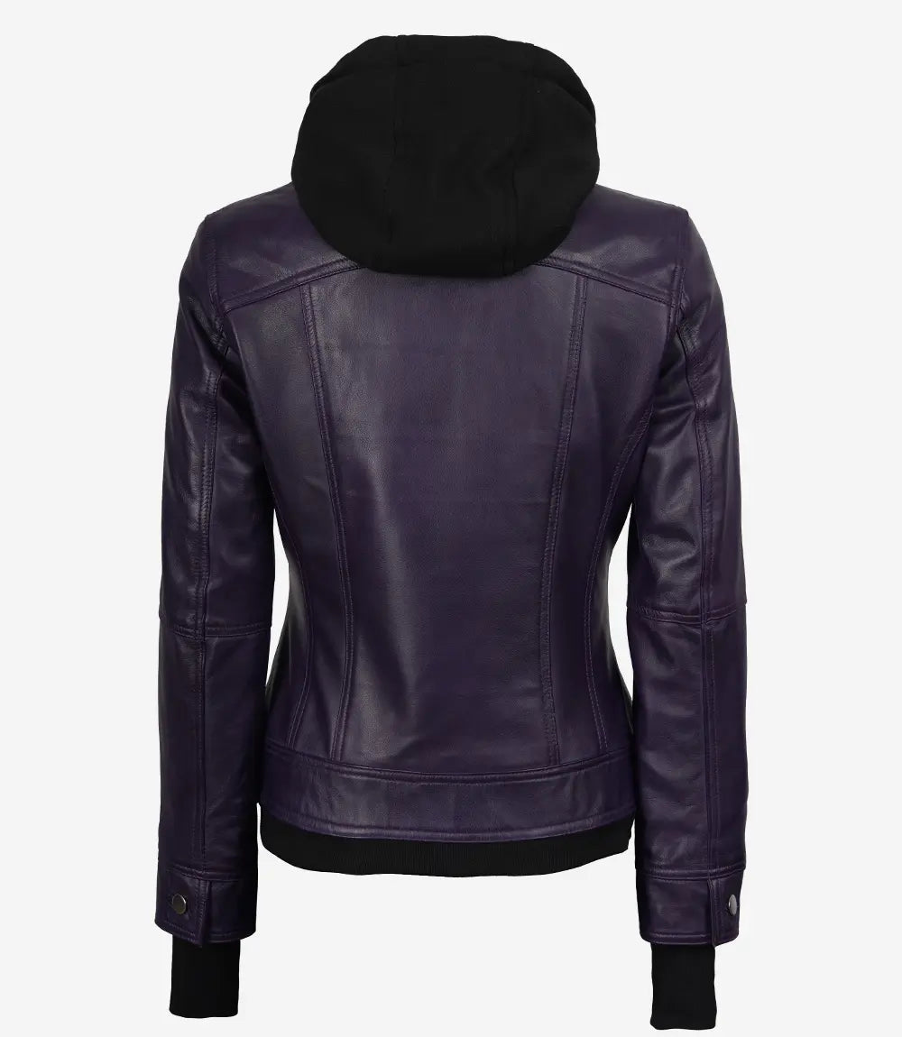 Women's Purple Bomber Leather Jacket - Removable Hood