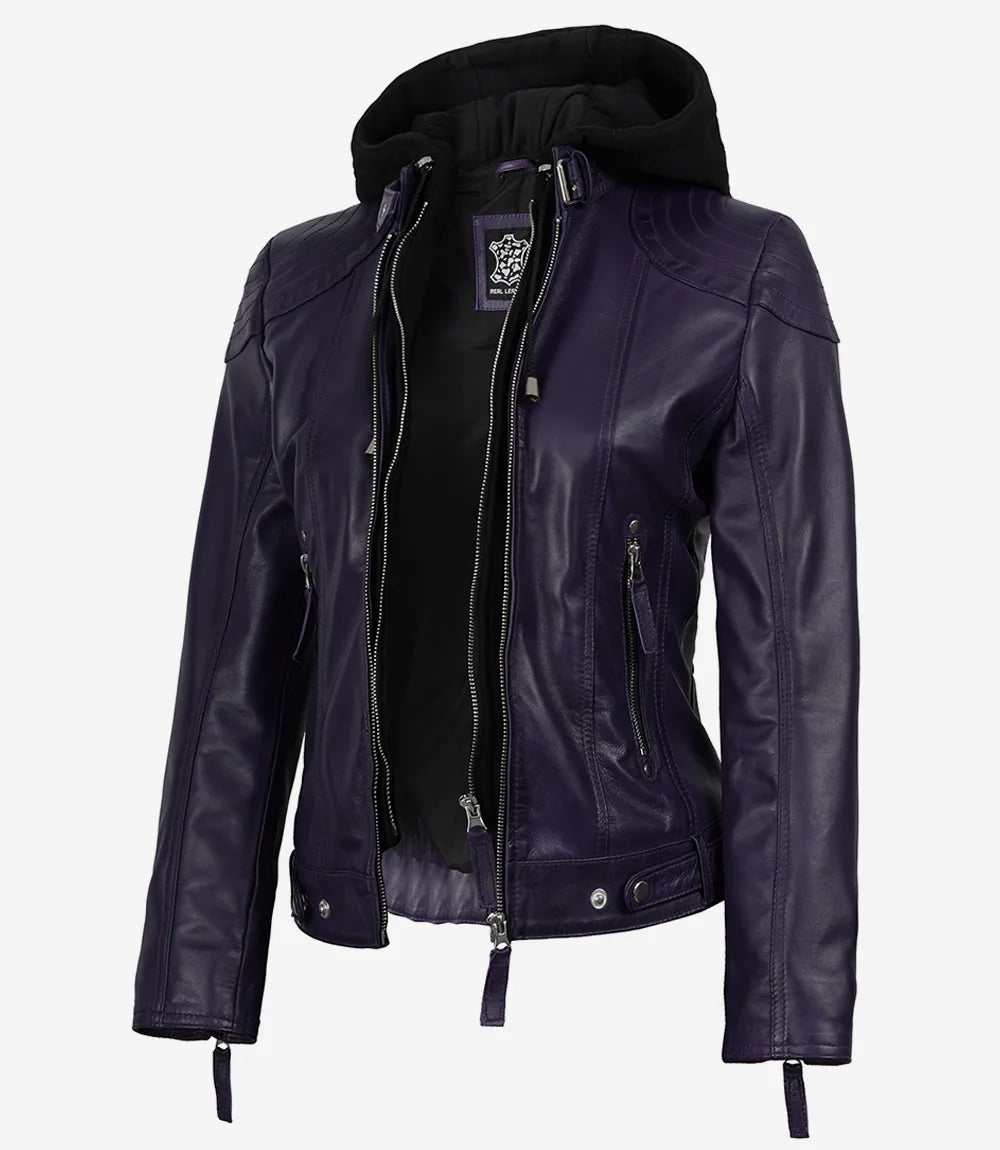 Women’s Purple Waxed Real Leather Jacket with Removable Hood