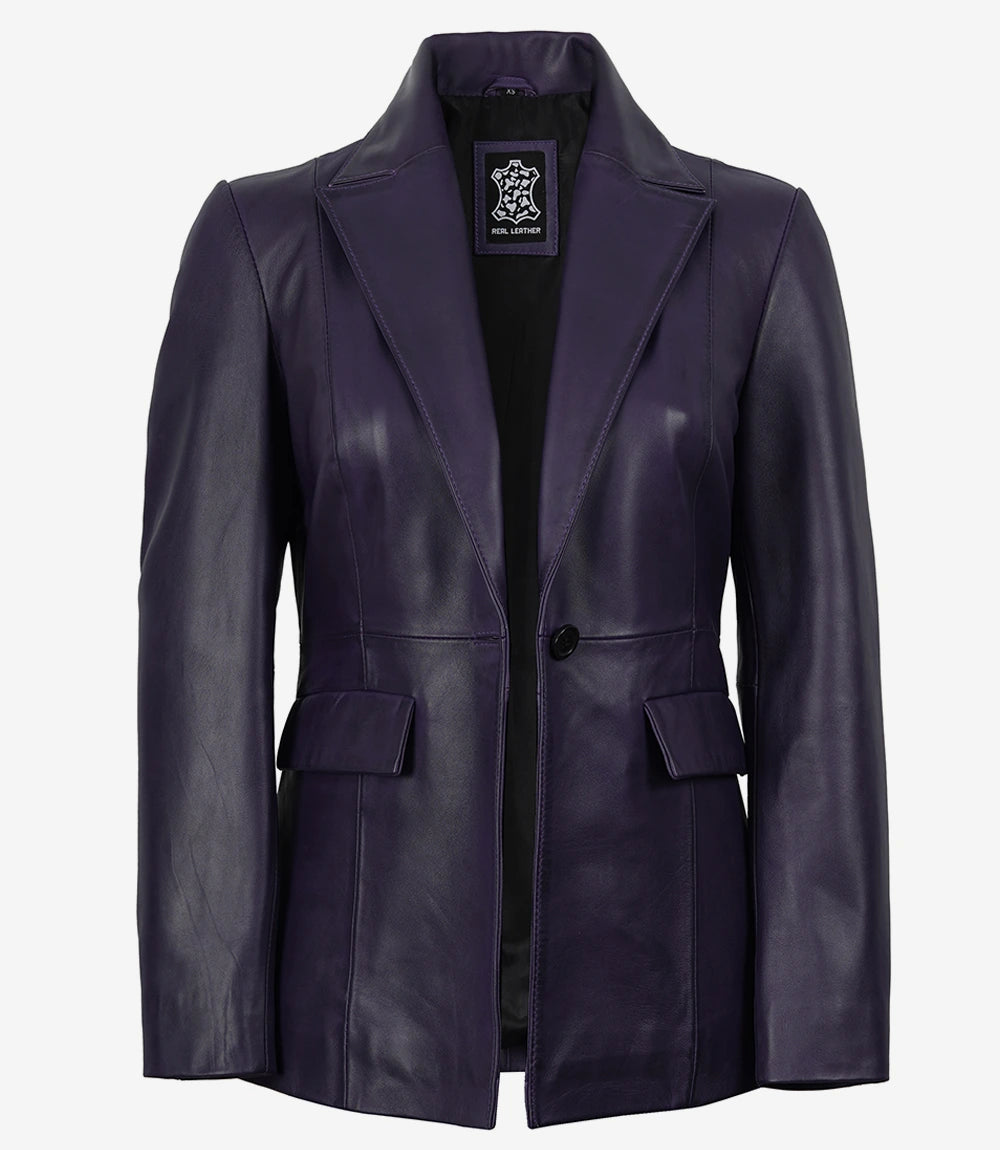Womens Single Button Purple Waxed Leather Blazer