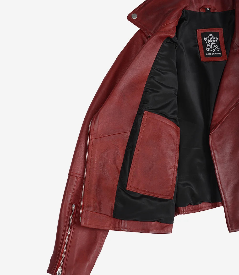 Women's Red Asymmetrical Belted Biker Style Leather Jacket