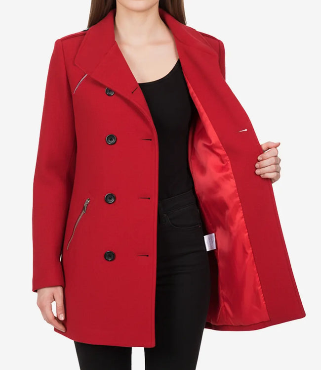 Womens Double Breasted Red Wool Peacoat
