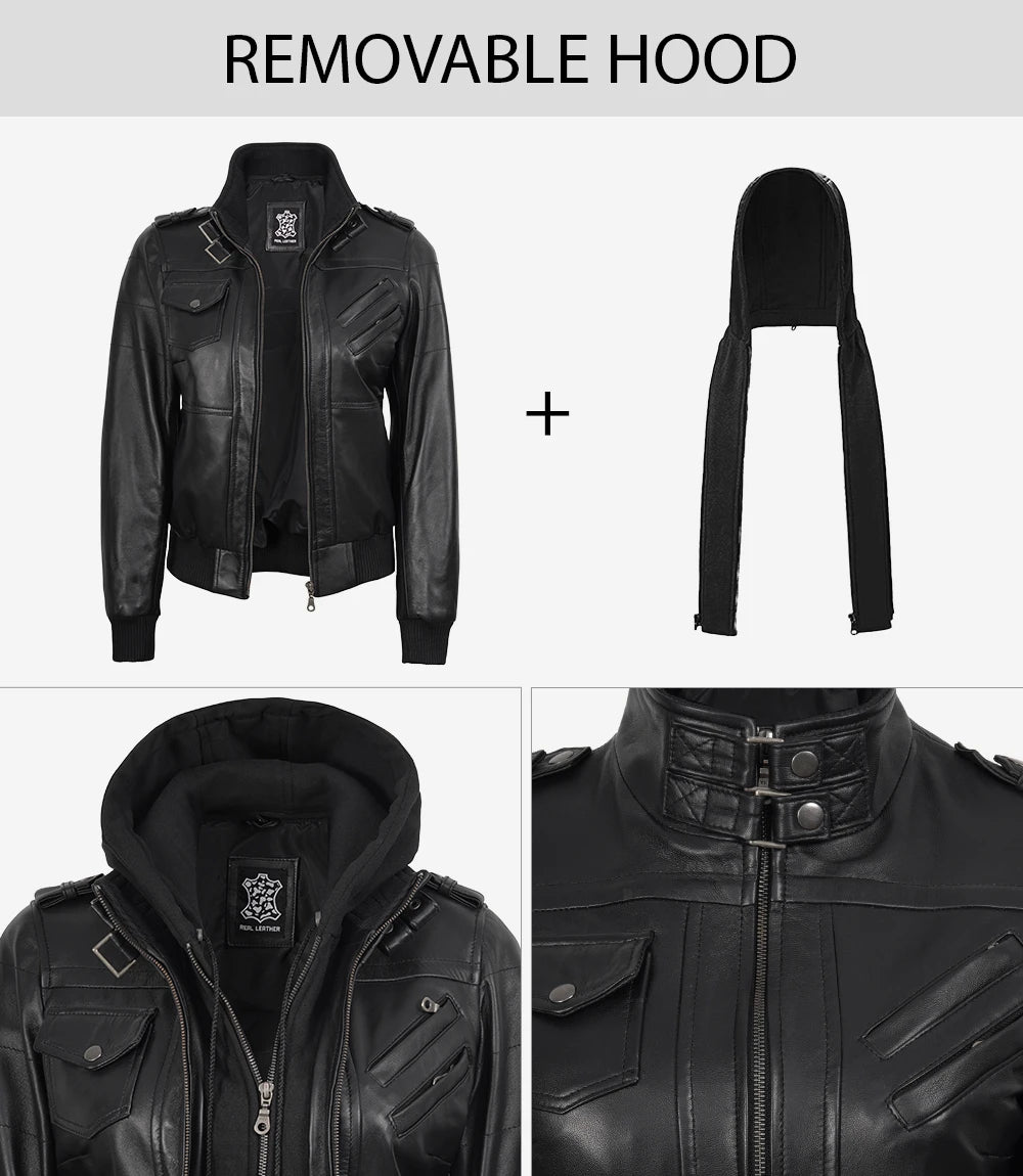 Women's Black Leather Bomber Jacket with Removable Hood