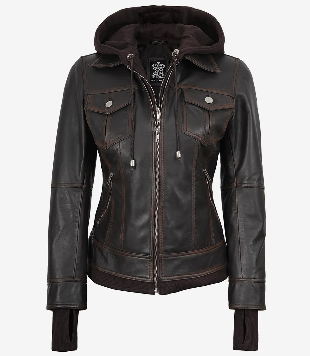 Women's Distressed Brown Bomber Leather Jacket with Removable Hood