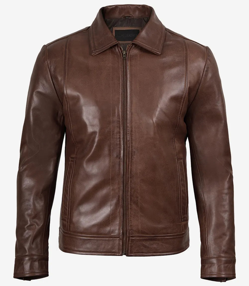 Reeves Men's Harrington Cognac Real Leather Jacket