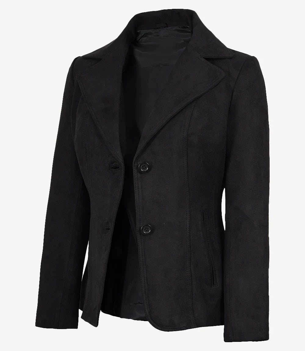 Women's Black Faux Suede Two-Button Closure Blazer