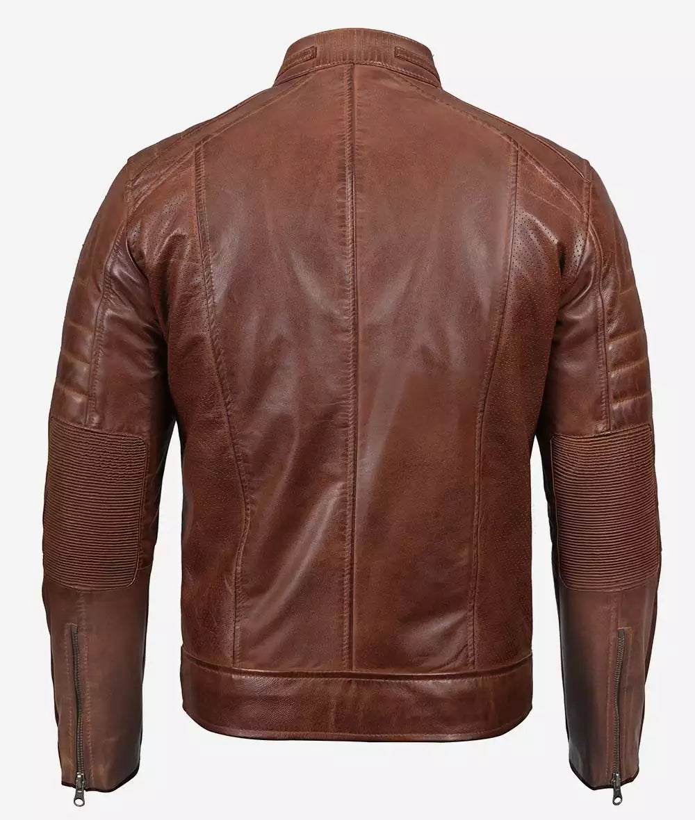 Mens Tall Brown Waxed Perforated Leather Jacket