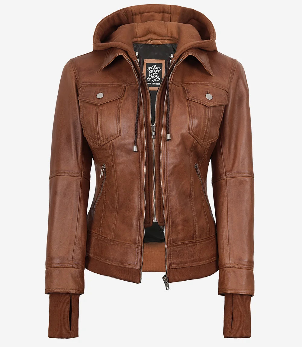 Tralee Women's Tan Waxed Bomber Leather Jacket With Detachable Hood