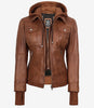 Tralee Women's Tan Waxed Bomber Leather Jacket With Detachable Hood