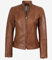 Women's Tan Waxed Slim Fit Biker Style Leather Jacket