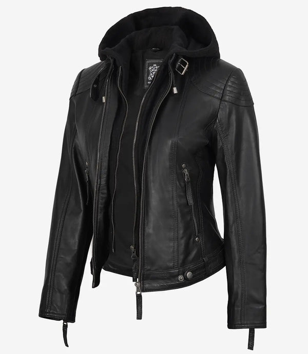Tonja Womens Real Leather Black Jacket With Hood