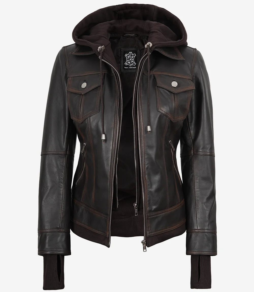 Women's Distressed Brown Bomber Leather Jacket with Removable Hood