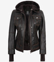 Women's Distressed Brown Bomber Leather Jacket with Removable Hood