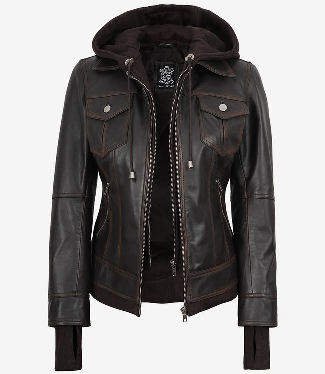 Women's Distressed Brown Bomber Leather Jacket with Removable Hood