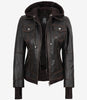 Women's Distressed Brown Bomber Leather Jacket with Removable Hood