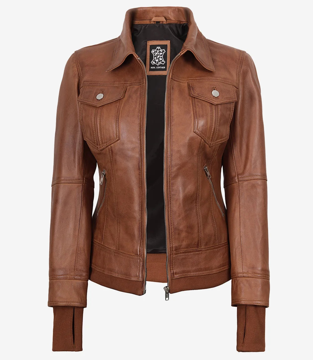 Tralee Women's Tan Waxed Bomber Leather Jacket With Detachable Hood
