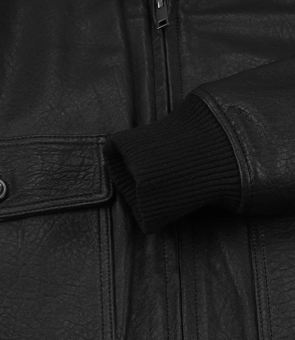 Men's Classic Washed Black Leather Bomber Jacket - Black - view 7