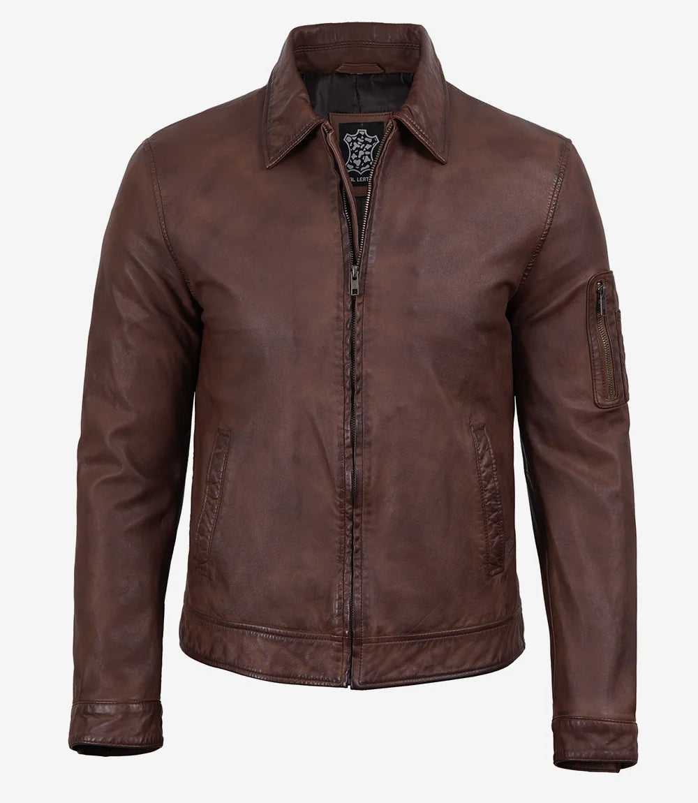 Men's Washed Cognac Waxed Leather Harrington Jacket - Washed Cognac - view 3