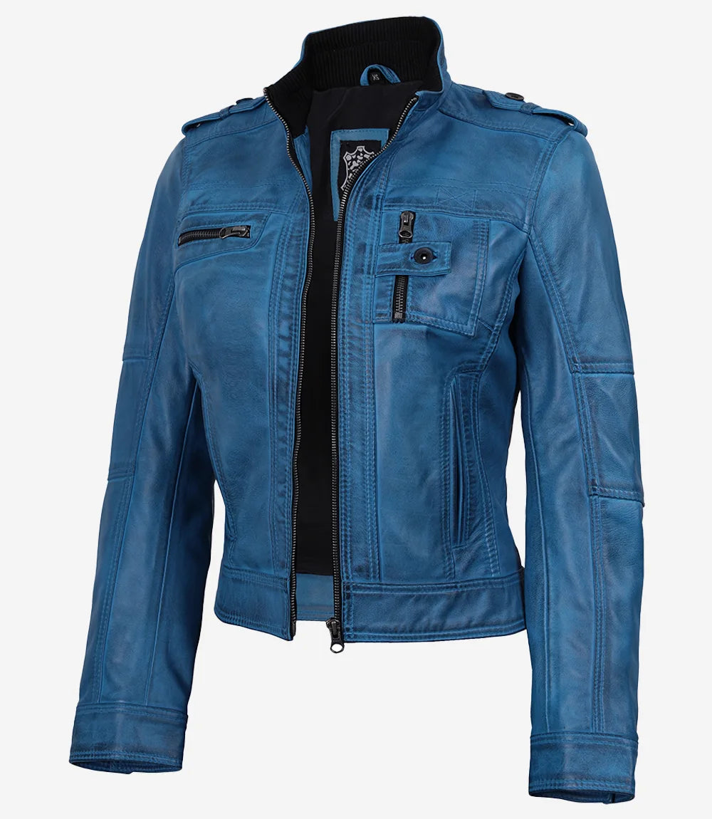 Women's Blue Waxed Lambskin Leather Biker Style Jacket
