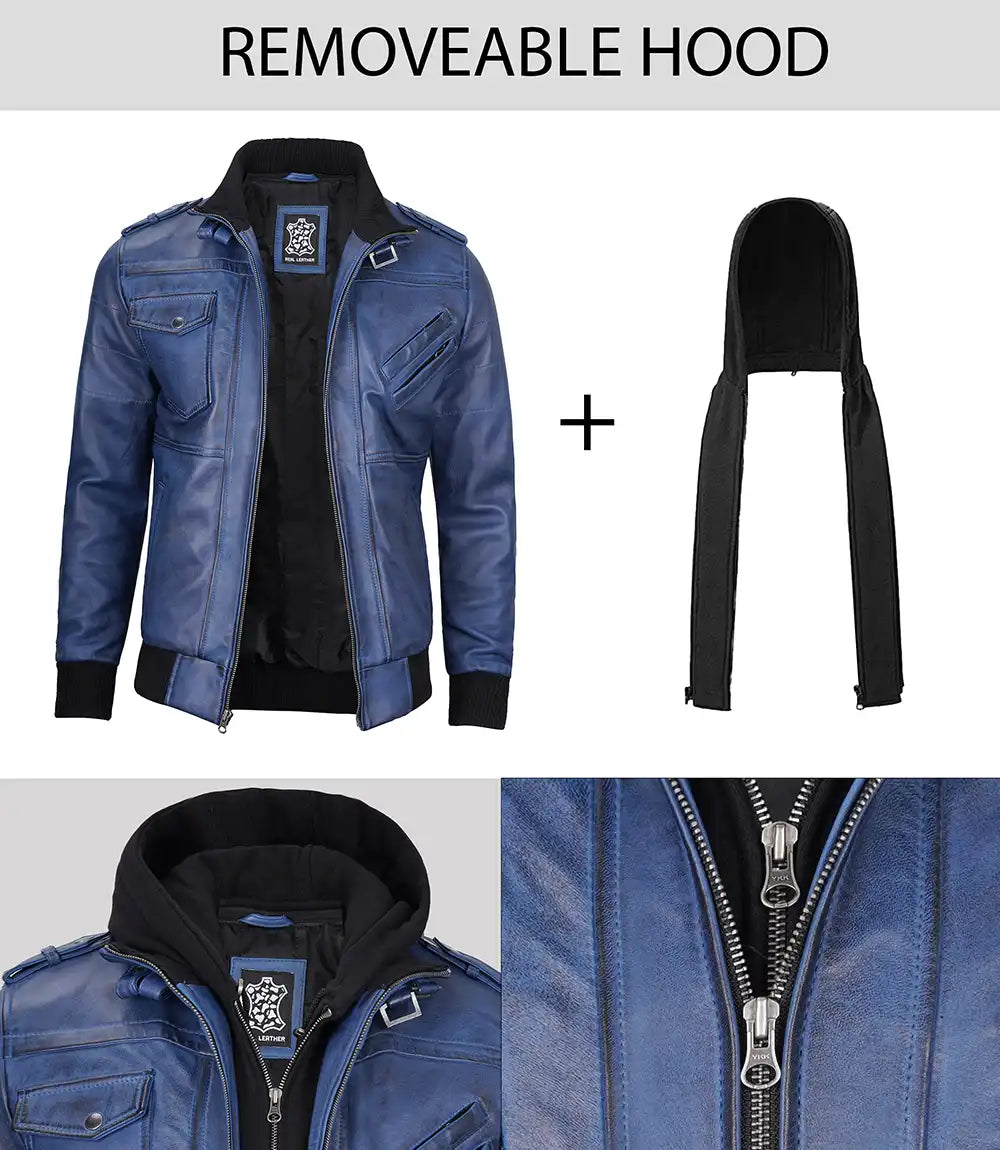 Mens Blue Waxed Bomber Leather Jacket With Hood