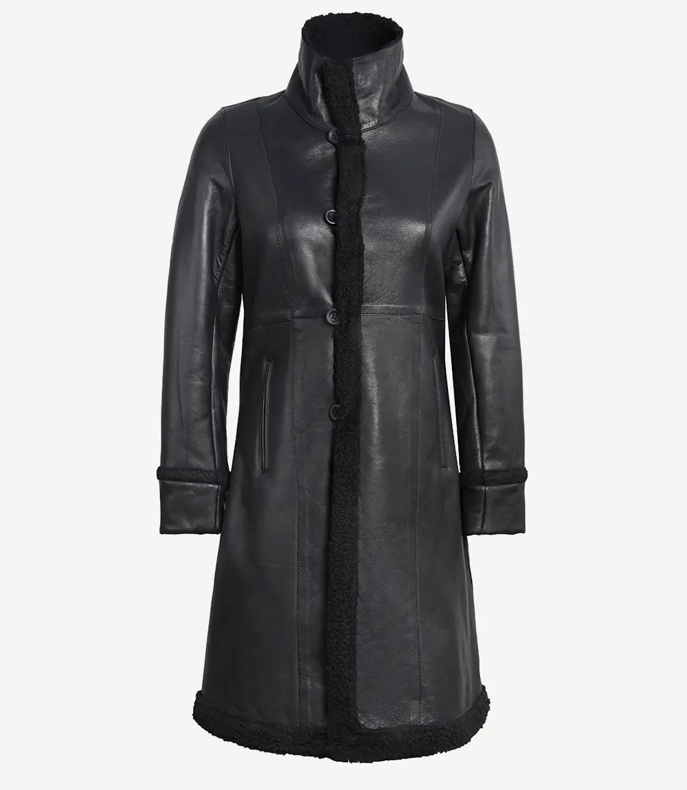 Womens Black Shearling Leather Coat