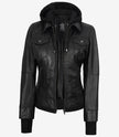 The Celeste: Womens Black Bomber Leather Jacket with Removable Hood