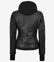 The Celeste: Womens Black Bomber Leather Jacket with Removable Hood