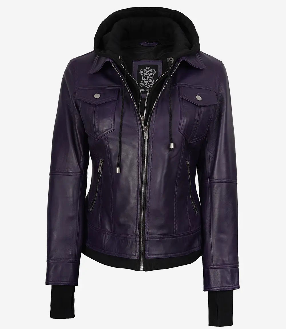 Women's Purple Bomber Leather Jacket - Removable Hood