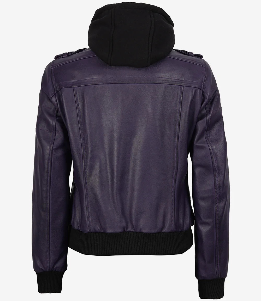 Womens Purple Bomber Leather Jacket with Removeable Hood