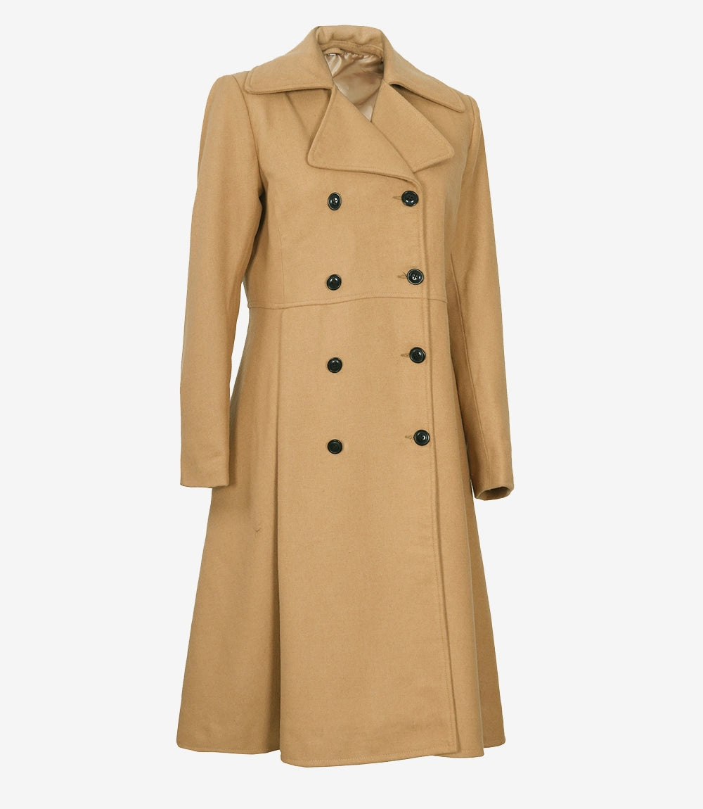 Womens Beige Double Breasted Wool Trench Coat