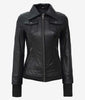 The Celeste: Womens Black Bomber Leather Jacket with Removable Hood