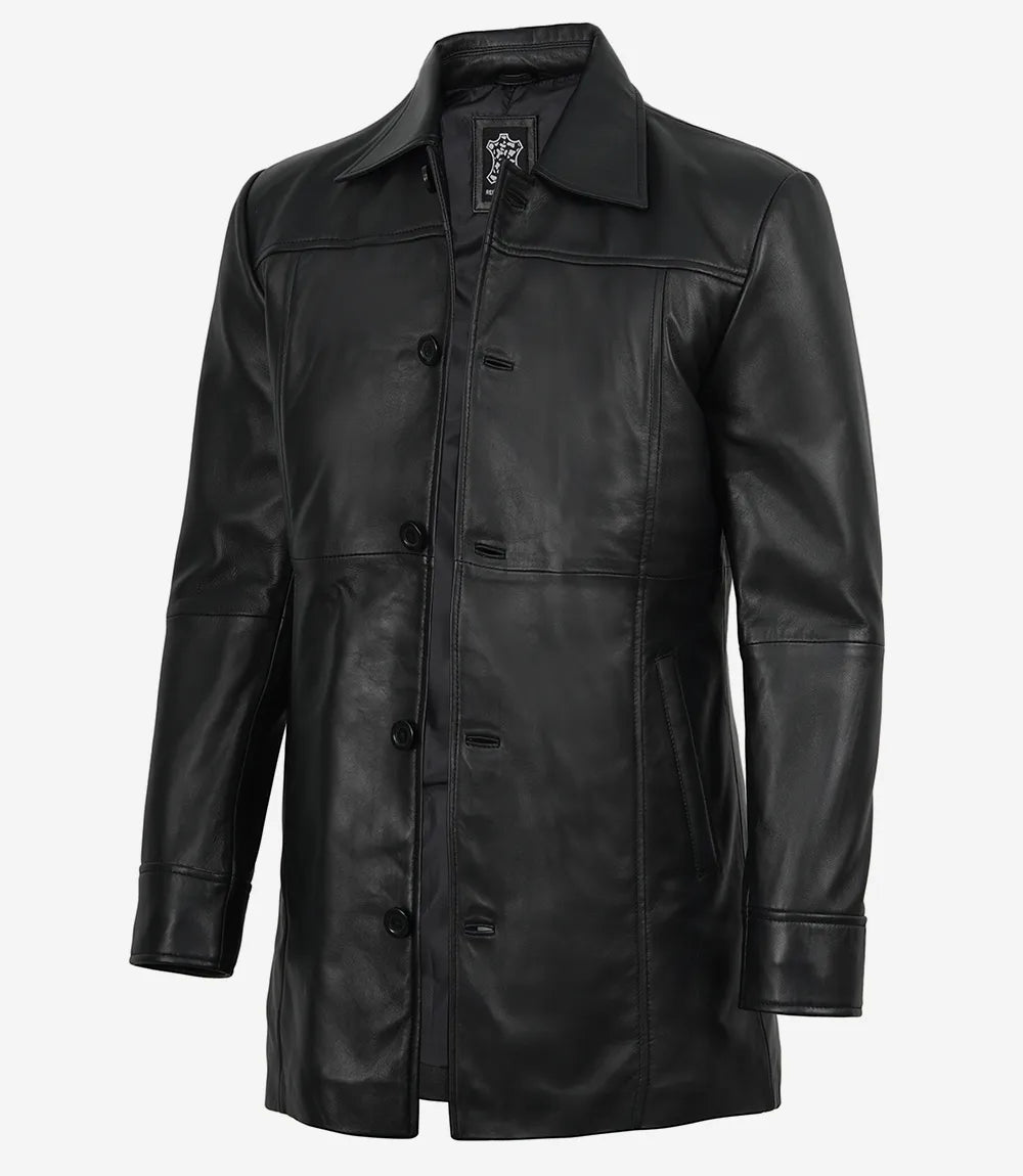 Men's Black 3/4 Length Button Down Leather Coat