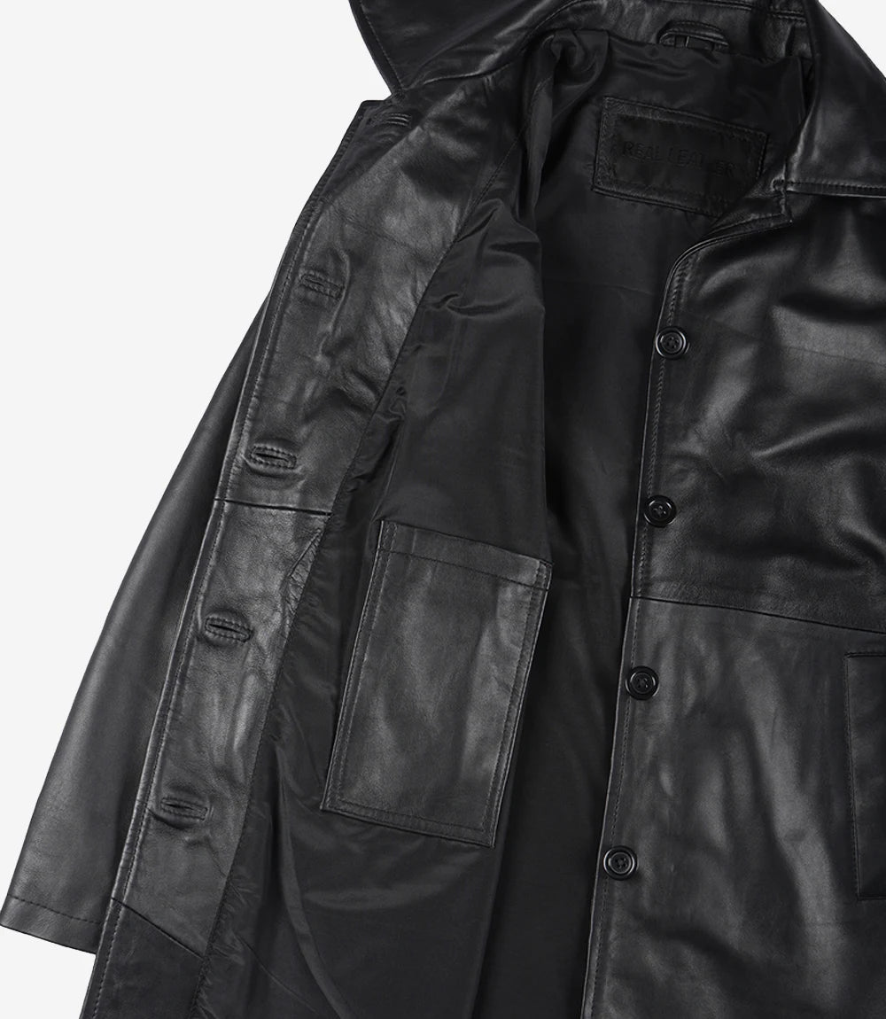 Womens 3 Quarter Length Black Leather Coat