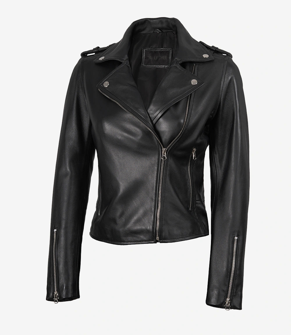 Womens Black Asymmetrical Leather Motorcycle Jacket