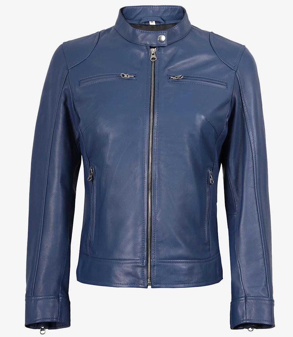 Womens Biker Racer Blue Leather Jacket