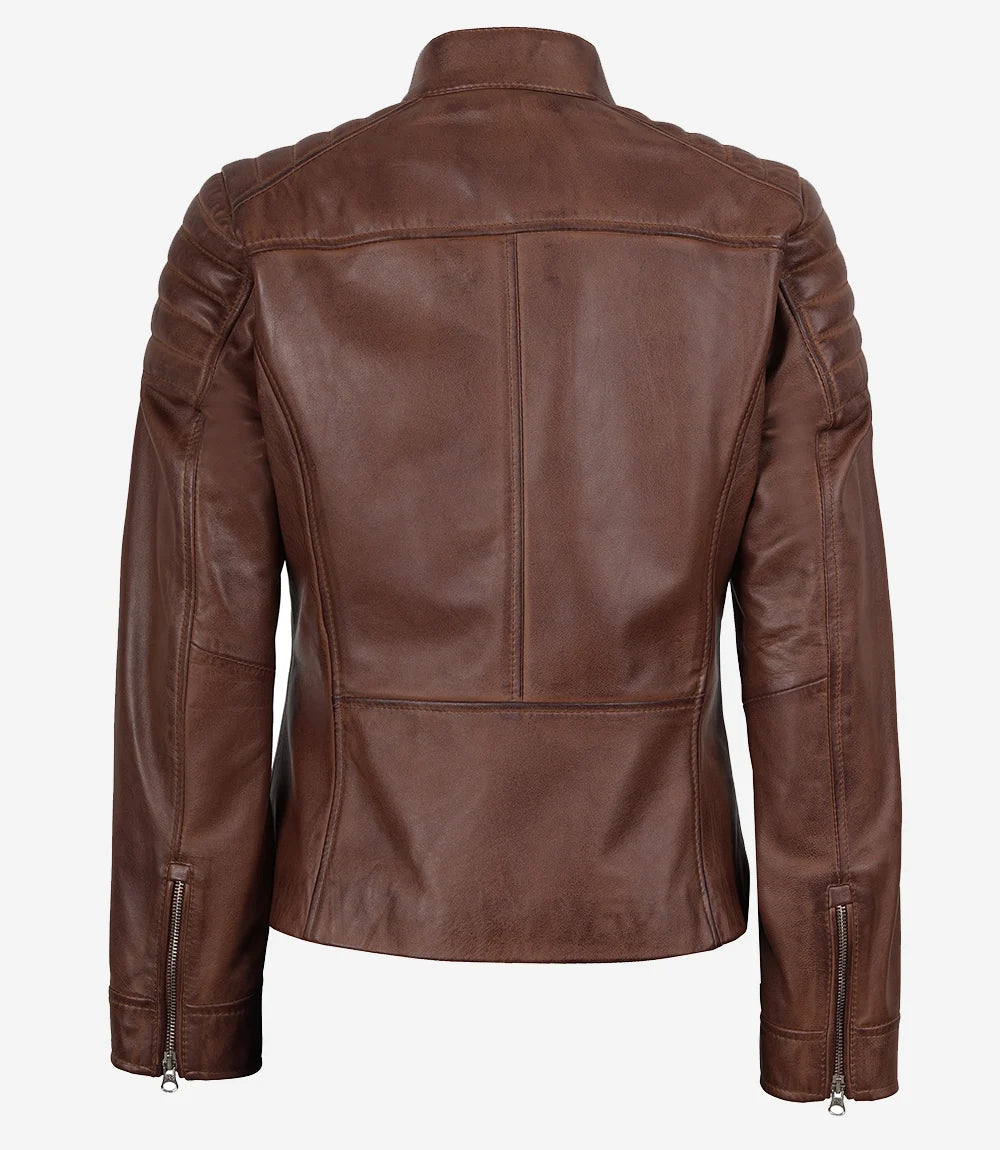 Cognac Cafe Racer Leather Jacket Women