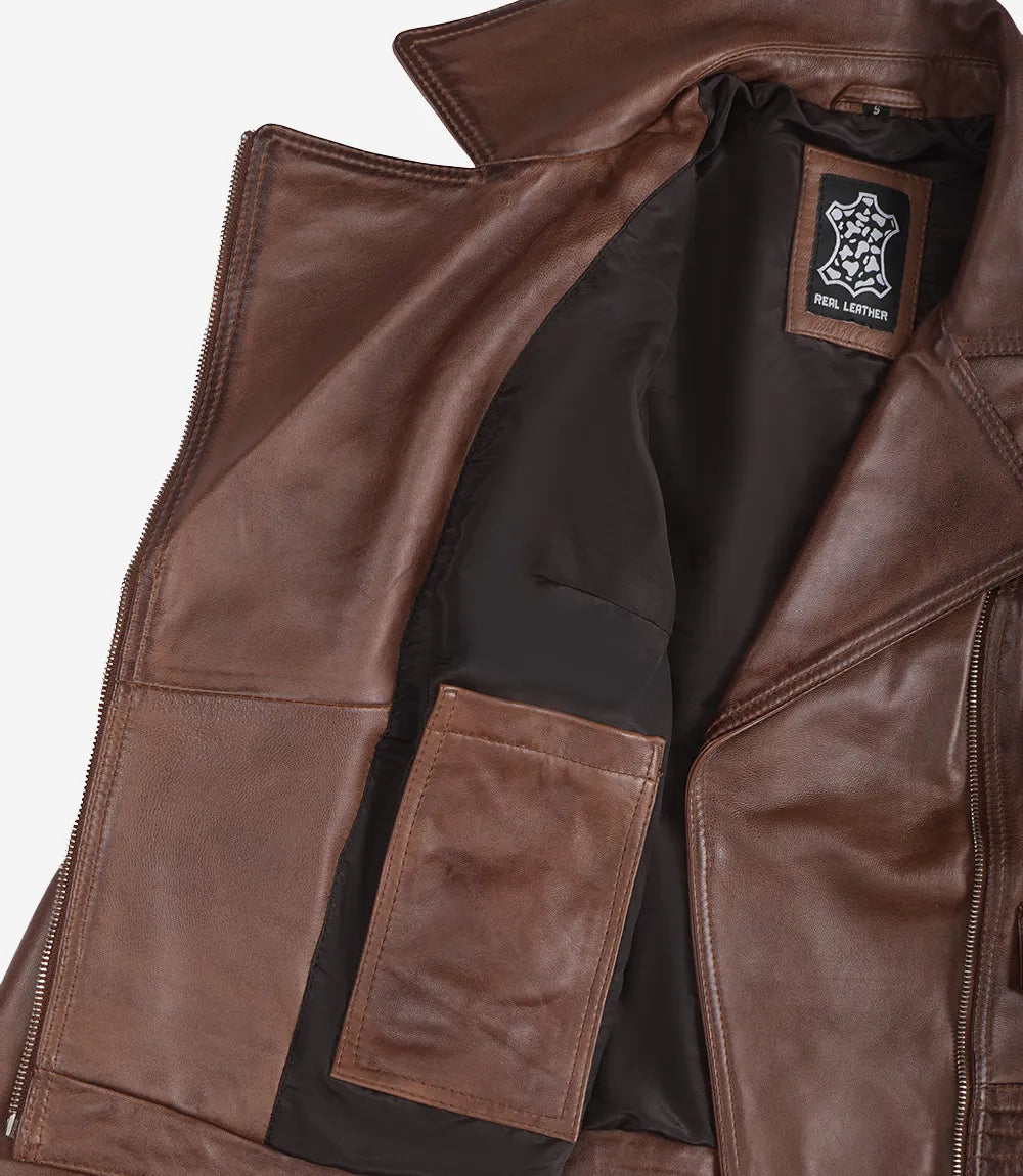 Womens Cognac Asymmertical Moto Leather Jacket