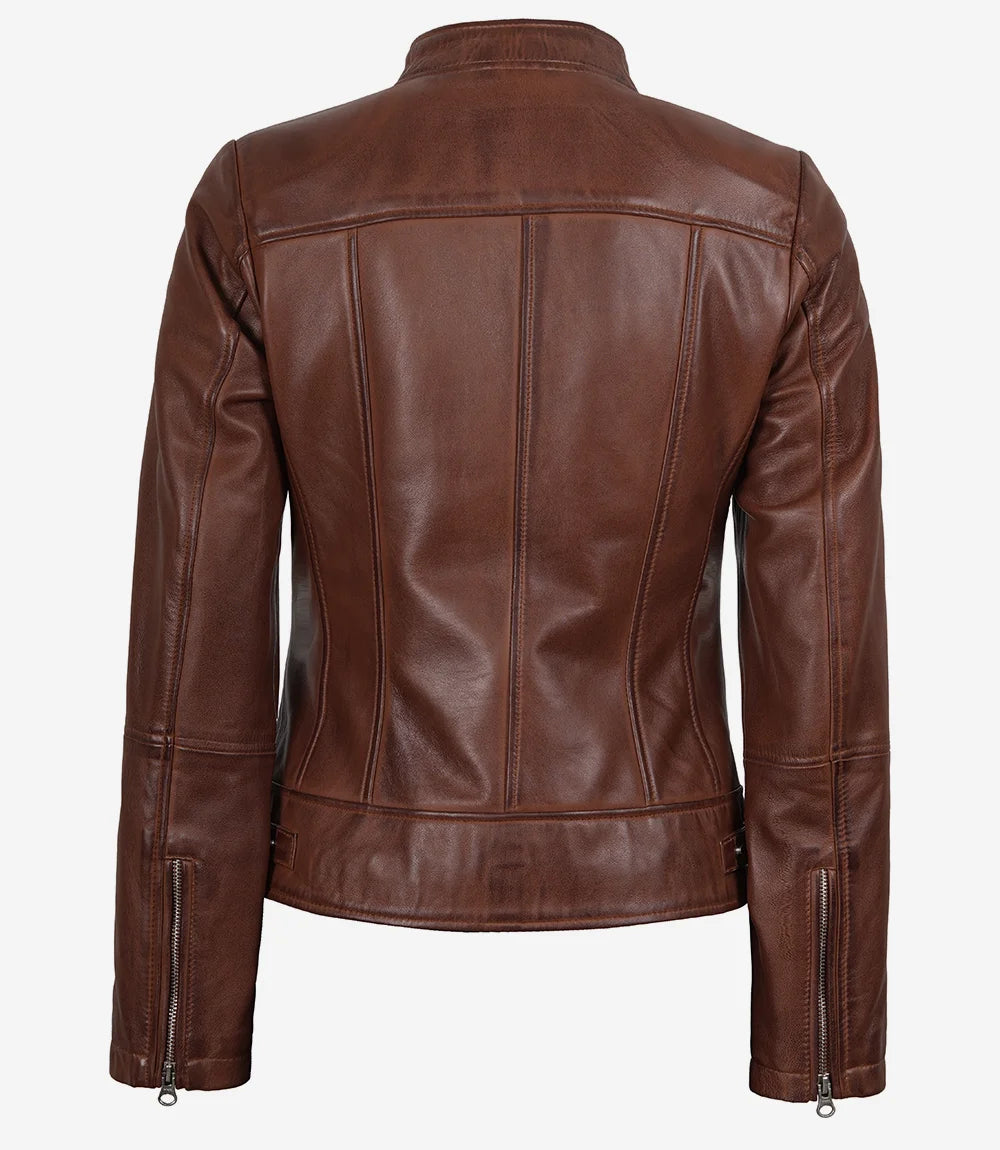 Women's Cognac Leather Biker Style Jacket
