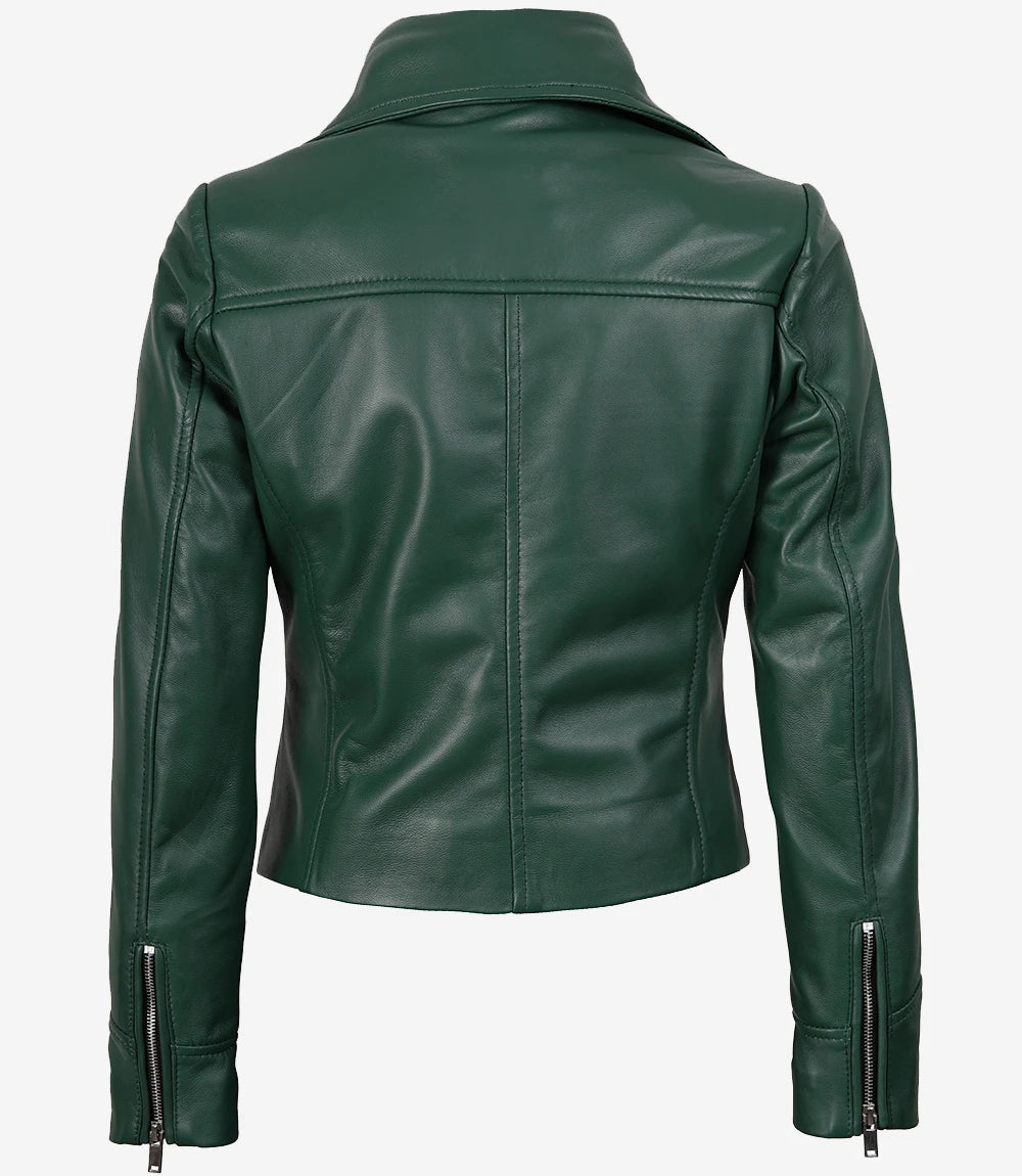 Women's Real Lambskin Leather Green Biker Style Jacket